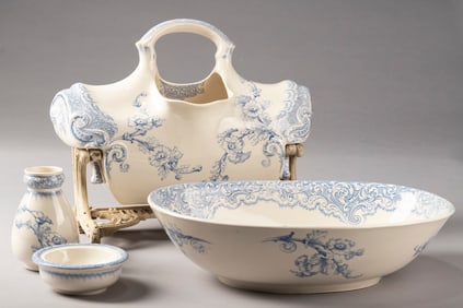 Rare & unusual five (5) piece, Royal Doulton Bowl & Pitcher Set on rare cast iron tilting base. A