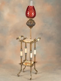 "B&H" (Bradley & Hubbard) marked, heavily embossed brass and onyx Piano Lamp, circa 1880-1890s with