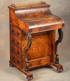 Antique American Victorian Davenport, burl walnut Desk, circa 1880s, with burl walnut roll front and