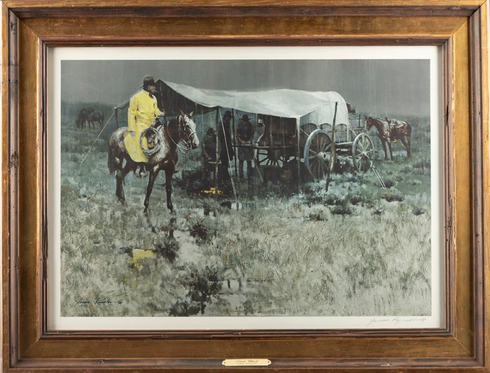 Gallery framed print, hand signed at lower right by CA Artist James Reynolds, dated 1973, titled: Gallery framed print, hand signed at lower right by CA Artist James Reynolds, dated 1973, titled "Noon Chuck". Frame measures 30 1/2" x 23 1/2". James Reynolds, 1926-2010. The Late Joe & Billie Brownf
