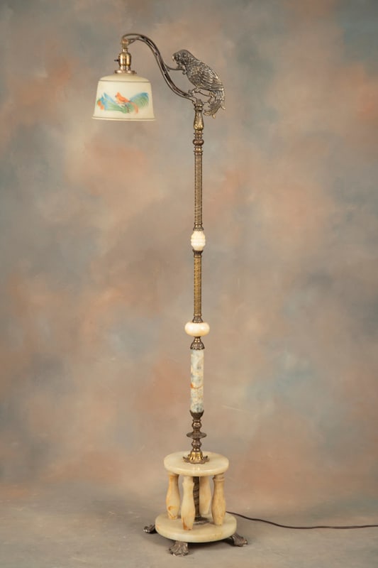 Outstanding antique onyx and brass Parrot Floor Lamp, circa 1920s, on footed base with original 7: Outstanding antique onyx and brass Parrot Floor Lamp, circa 1920s, on footed base with original 7 1/2" bell shaped shade with parrot. Nice original patina. Floor lamp measures 61" T x 11" dia. onyx fo