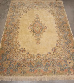 Fine vintage silk Rug, possibly Persian, measures 9' W x 12' 10" L. Condition is very good, shows no