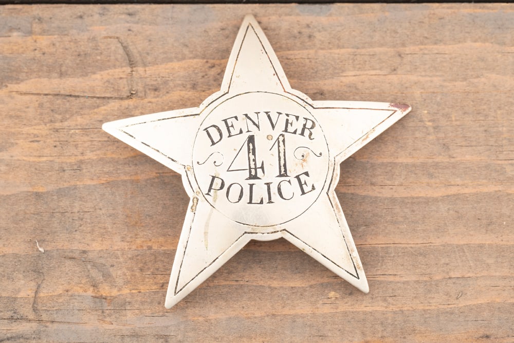 Large rare vintage 5-point Star Badge marked “DENVER 41 POLICE?? with a few scuff marks and some: Large rare vintage 5-point Star Badge marked “DENVER 41 POLICE” with a few scuff marks and some enamel loss but otherwise in great condition for its age. Pin is broken off with attempt to repl