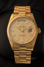 Men's Rolex President, Day and Date Watch, 18kt yellow gold with 10 baguette diamond dial, has 22