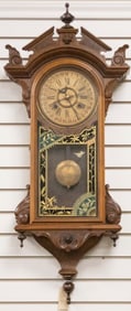 Antique walnut New Haven, American Calendar Wall Clock, circa 1886, eight day time and strike, in