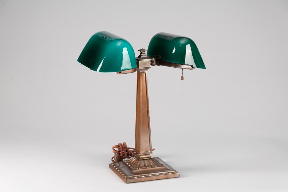 Antique double signed, double shade Emeralite Desk Lamp, circa 1920s, shades are in perfect: Antique double signed, double shade Emeralite Desk Lamp, circa 1920s, shades are in perfect condition and are both marked "Emeralite". Lamp measures 17" T with double adjustment shades, 6 3/4" sq. bas