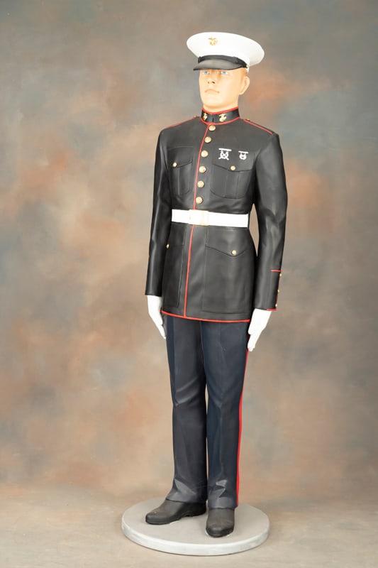 Life size molded, three dimensional Statue of a Marine in full dress uniform, measures 23" base x: Life size molded, three dimensional Statue of a Marine in full dress uniform, measures 23" base x 77" T x 20" across the shoulders. The Late Joe & Billie Brownfield Estate.