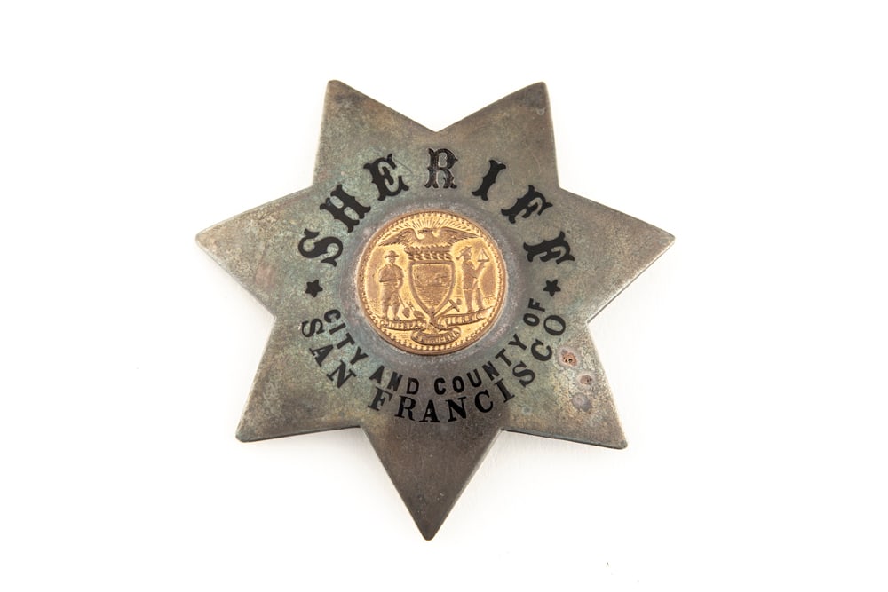 Vintage 7-point Star Badge marked “SHERIFF CITY AND COUNTY OF SAN FRANCISCO?? with gold tone: Insert Text