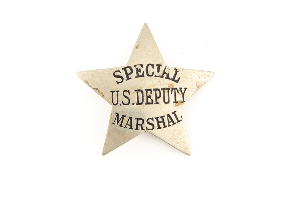 Old 5-point Star Badge marked “SPECIAL U.S. DEPUTY MARSHAL?? has small amount of enamel missing,: Old 5-point Star Badge marked “SPECIAL U.S. DEPUTY MARSHAL” has small amount of enamel missing, a few scuff marks on the front of the badge, old soldered pin and catch, and measures 2 ½