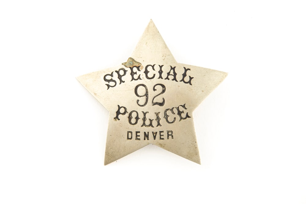 Large vintage 5-point Star Badge marked “SPECIAL 92 POLICE DENVER?? in nice circus lettering with: Large vintage 5-point Star Badge marked “SPECIAL 92 POLICE DENVER” in nice circus lettering with small damage spot above the “E” in Special. Back has nice saddle pin and catch, measure