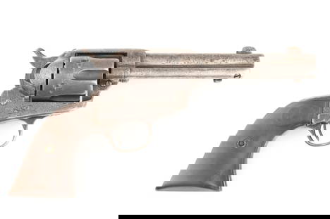 Colt SA Revolver, .44/40 caliber, SN 251887, manufactured 1907, has no remaining finish but pleasing: Colt SA Revolver, .44/40 caliber, SN 251887, manufactured 1907, has no remaining finish but pleasing aged patina, 4 3/4" barrel with 2-line barrel address, appears to have original two piece checkered