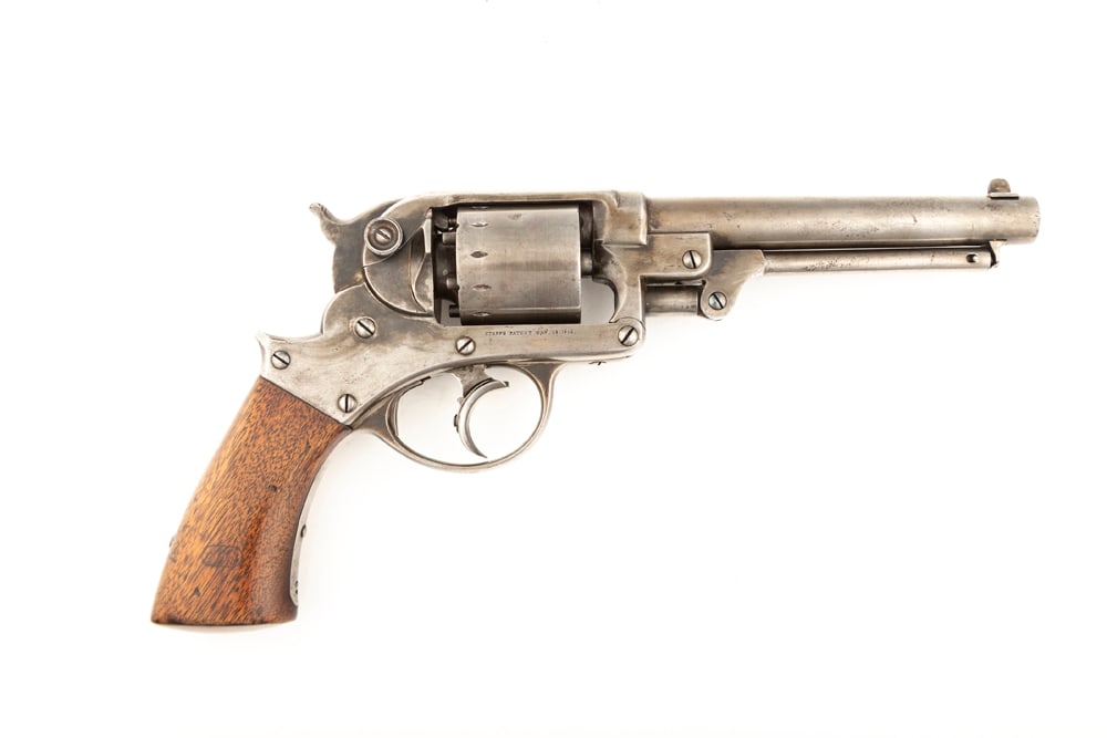 Antique Starr Arms Co., DA Percussion Revolver, .44 caliber, SN 5780, marked on cylinder and frame,: Antique Starr Arms Co., DA Percussion Revolver, .44 caliber, SN 5780, marked on cylinder and frame, retains cleaned dark gray finish, 6" barrel, one piece walnut grips with cartouche on both sides, ha