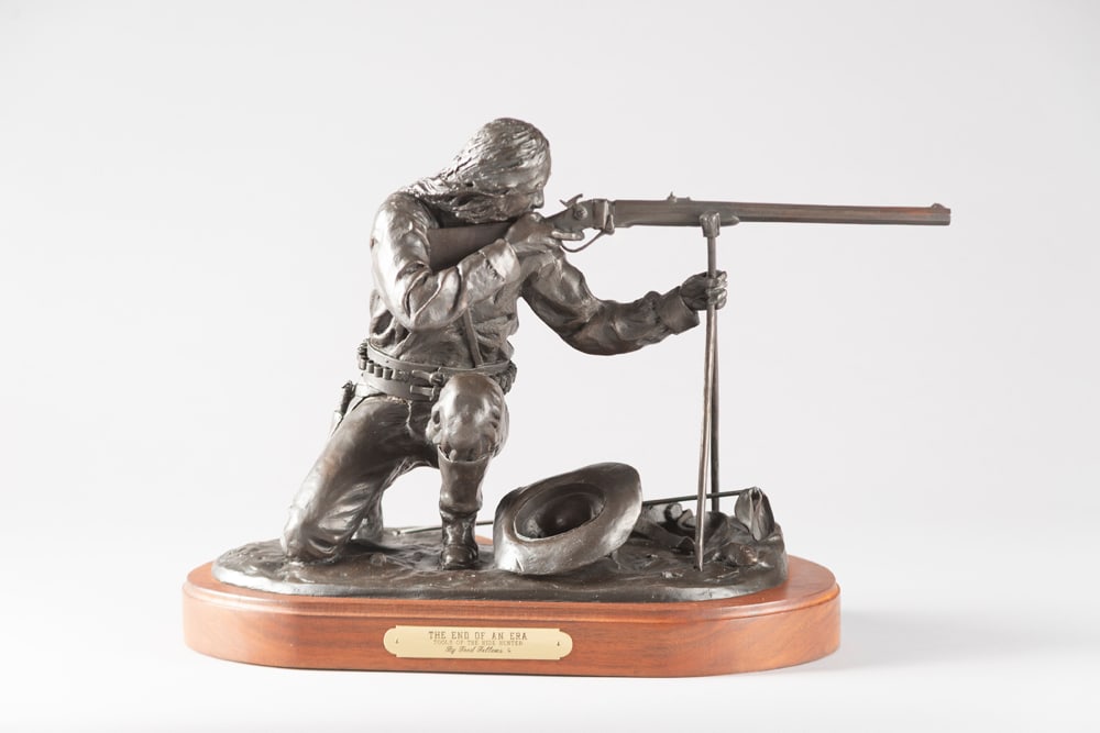 Original Western Bronze by CA Artist, Fred Fellows (1934), titled "The End of an Era", #34/50.: Original Western Bronze by CA Artist, Fred Fellows (1934), titled "The End of an Era", #34/50. Bronze measures 14" T x 20" L x 11 1/2" W. on oval wooden base. Fantastic detail, accompanied by paperwor