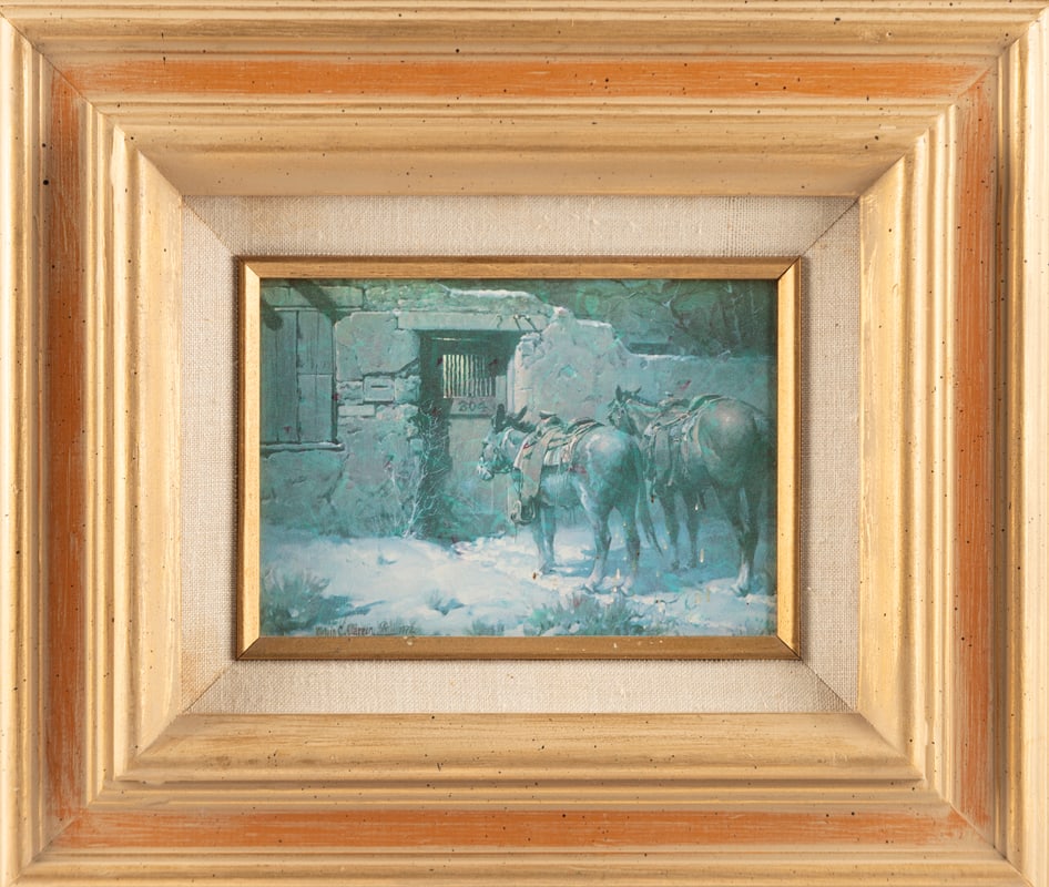 CA Artist Melvin C. Warren (1920-1995), Framed Print dated 1972. Scene is horse and mule standing at: CA Artist Melvin C. Warren (1920-1995), Framed Print dated 1972. Scene is horse and mule standing at adobe hotel, room #304. Actual art is 5"x7" with custom 11 3/4" x 13 3/4" frame. The Late Joe & Bil