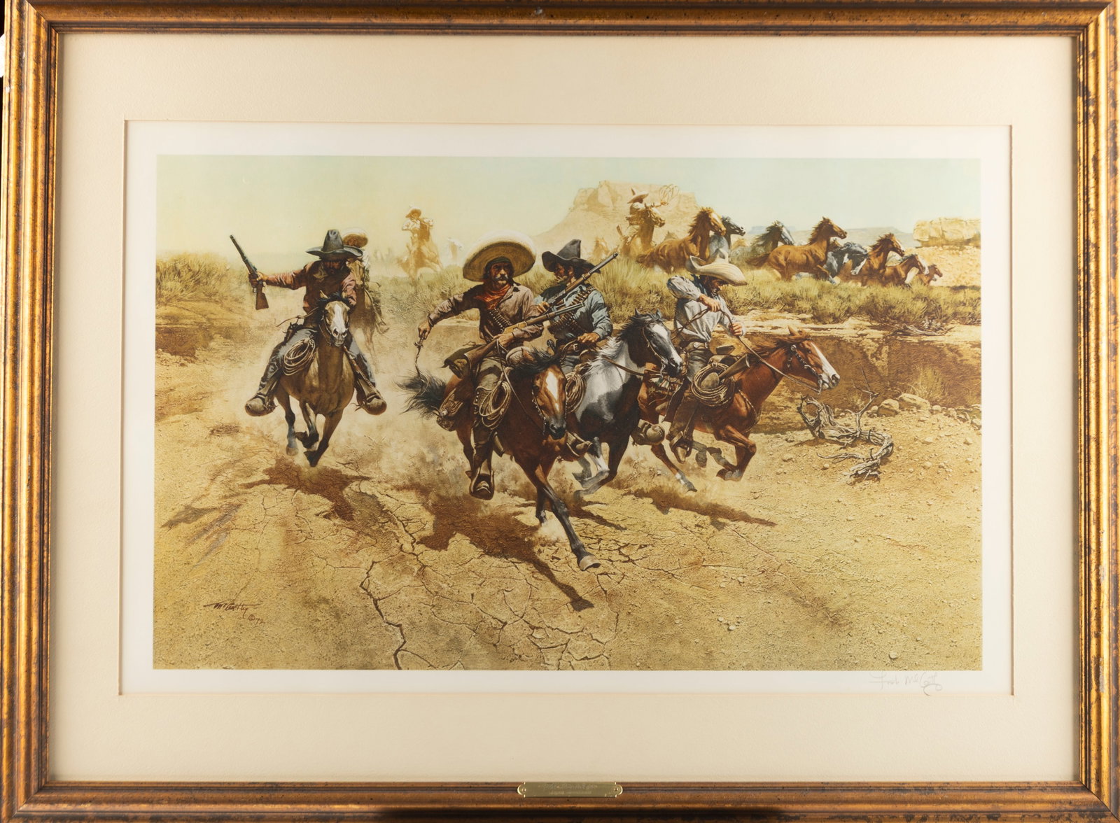 Arizona Artist Frank McCarthy (1924-2002), Framed Print, hand signed at lower right and dated 1972,: Arizona Artist Frank McCarthy (1924-2002), Framed Print, hand signed at lower right and dated 1972, titled "The Raiders", in gallery frame that measures 24 3/4" x 33". The Late Joe & Billie Brownfield