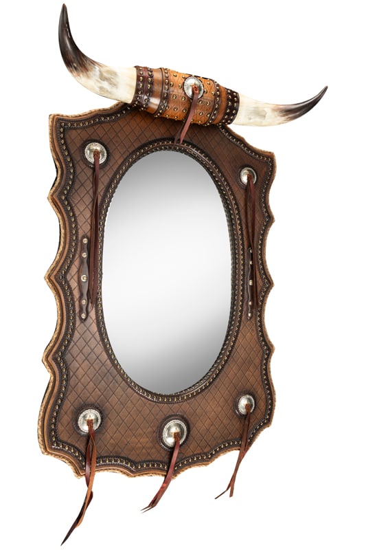 High Quality contemporary leather wrapped Mirror Hatrack with bull horn crest. Unique and decorated: High Quality contemporary leather wrapped Mirror Hatrack with bull horn crest. Unique and decorated with conchos & latigo strings, brass spotted border, inlaid rawhide reata, also inlaid on outside bo