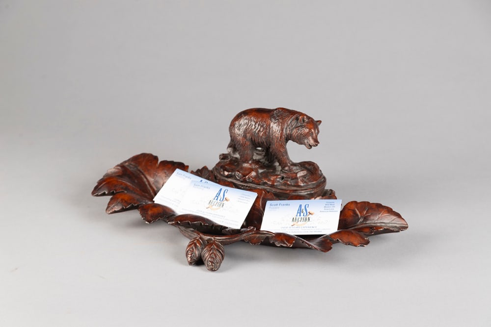 Ornate molded Business Card Tray with fully embossed Bear, measures 15" L x 8 1/2" W x 5" T. Very: Ornate molded Business Card Tray with fully embossed Bear, measures 15" L x 8 1/2" W x 5" T. Very decorative piece.