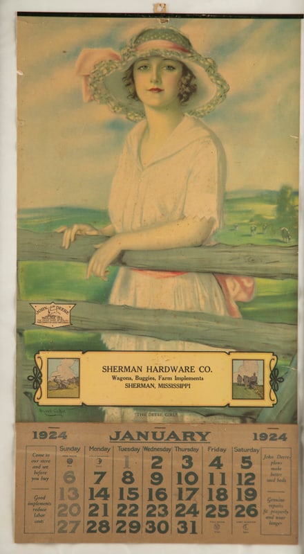 Framed 1924 full Calendar Advertising Sherman Hardware Co./ Wagons, Buggies, Farm Implements/: Framed 1924 full Calendar Advertising Sherman Hardware Co./ Wagons, Buggies, Farm Implements/ Sherman, Mississippi. The picture is titled "The Deere Girl" and marked by Haskell Cohin. Note that it is 