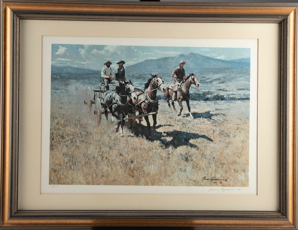 CA Artist James Reynolds Print, hand signed at lower right, hand dated 1975 at lower left, original: CA Artist James Reynolds Print, hand signed at lower right, hand dated 1975 at lower left, original art was done in 1973, titled "The Supply Wagon". Gallery frame measures 35" x 26 1/2". American Arti