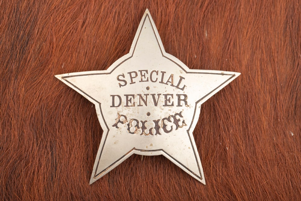 Large rare vintage 5-point Star Badge marked “SPECIAL DENVER POLICE?? with simple elegant design: Large rare vintage 5-point Star Badge marked “SPECIAL DENVER POLICE” with simple elegant design in fantastic condition. Back has large saddle pin and catch, measures 3 ½” T x 3 &f