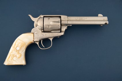 Antique, Factory Engraved Colt SAA Revolver, SN 83296, with carved pearl stocks. Colt Single Action