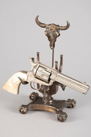 Fantastic solid bronze steer head Pistol Stand with buffalo skull crest on heavy claw foot base, 12