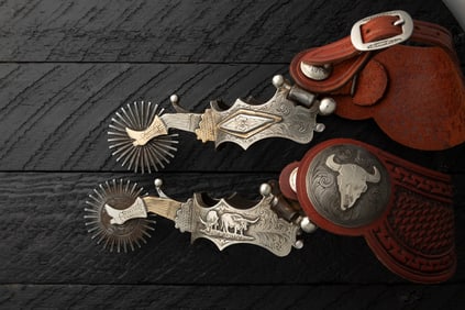Lytle & Mower marked Spurs, incredible double mounted hand engraved with raised Longhorns on one