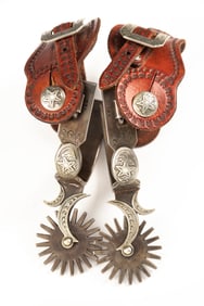 Pair of Jerry Cates double mounted Spurs that are copies of a pair of J.O. Bass Spurs, mounted in