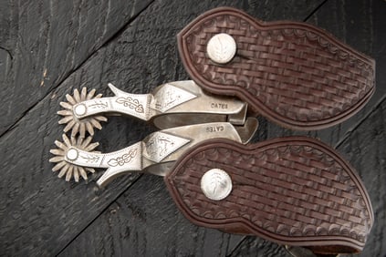 Pair of Jerry Cates double mounted Spurs that are copies of a pair of J.O. Bass Spurs, mounted in