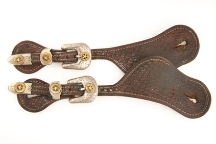 Fancy pair of vintage basket weave two-piece Spur Straps with gold and silver plated buckles and