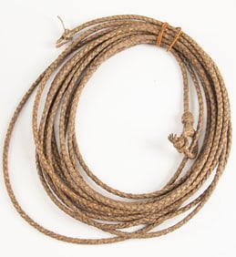 Exceptional braided rawhide Reata, approximately 40 ft. long, with unusual braided hondo. Nice