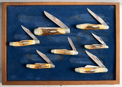 Set of seven (7) Double X Case Collectors Folding Blade Pocket Knives with polished stag handles.
