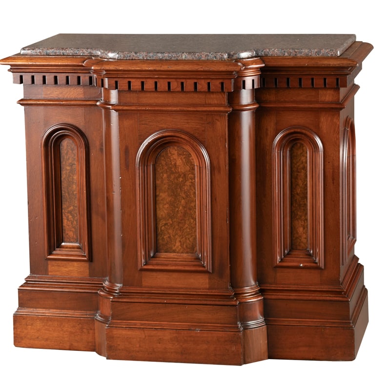 Beautiful Victorian marble top Pedestal, circa 1880s, in extremely fine finish and condition with: Beautiful Victorian marble top Pedestal, circa 1880s, in extremely fine finish and condition with arched panels on front and each end. Pedestal is finished on all sides and could be used in center of