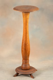 Antique oak Pedestal on footed base, circa 1900-1920s, in original finish, measures 37" T x 13 1/2"