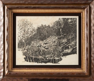 Framed Marble Etching by noted Texas Artist Bassel Wolfe (1932-2020), titled "Quiet Vigil", signed