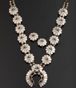 Zuni three piece Silver, mother of pearl, coral, turquoise and black onyx "Squash Blossom" Necklace