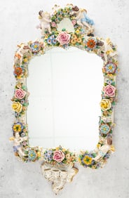 Extremely fine Capodimonte Hanging Mirror, 33" T x 18" W. This mirror is surrounded by porcelain