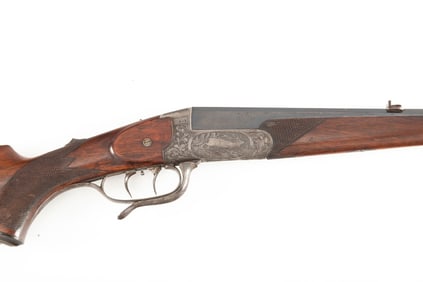 German engraved Single Shot Rifle, 7.7 MM caliber, SN 696, blue finish, 22" octagon barrel, marked