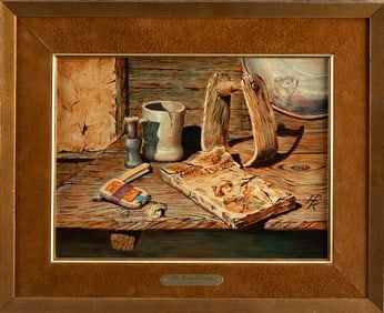 Western Oil on Board by Arizona Artist DE KEUKELAERE, titled "The Dime Library". Actual Painting is