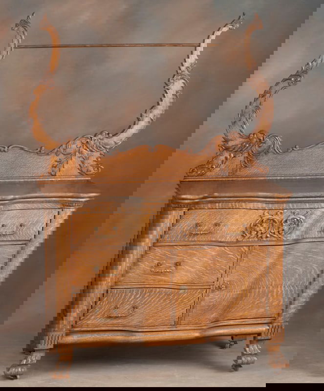 Beautiful American antique, quarter sawn oak, Serpentine Washstand, with claw foot base, circa 1900,: Beautiful American antique, quarter sawn oak, Serpentine Washstand, with claw foot base, circa 1900, original paper label on back "Made by Upham Manufacturing Co., Manufacturer of Chamber Suites and S