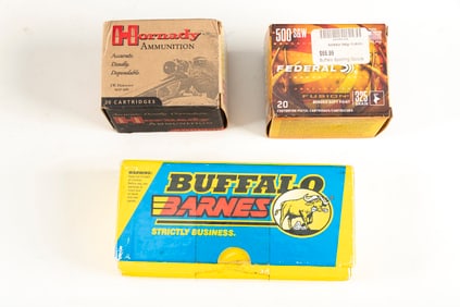 Three Boxes of 500 S&W Mag. Cartridges, totaling 60 rounds. One box is Hornady, one is Federal, one