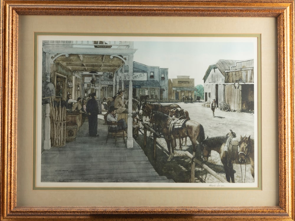 Framed Western Print, hand signed at lower right Donald Teague, N.A., 1973. Donald Teague was an: Framed Western Print, hand signed at lower right Donald Teague, N.A., 1973. Donald Teague was an American Artist (1897-1991). Gallery frame measures 25 1/2" x 33 1/2". Titled "Appointment In Town". Th