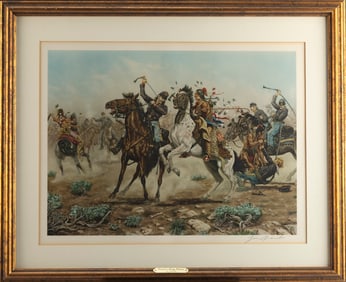 Framed action Print, hand signed at lower right Joe Grandee, 1972, titled "Death To the Long