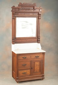 American Victorian Walnut, marble top Washstand, circa 1890s, with original beveled glass mirror,