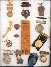 Framed extremely rare Collection of 12 Suspension Badges and 2 small brass Fobs, 14 pieces total, to