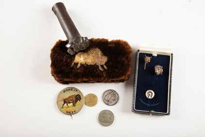 Framed collection of 9 Items to include: (1) Antique fur with embossed buffalo Cheroot Case. (2)