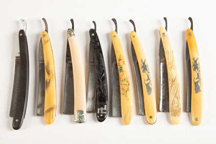 Framed collection of eight (8) Straight Razors. One is marked "LONE STAR" on the blade with mother