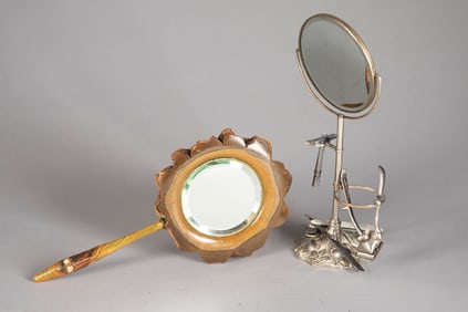 This lot consists of the following Items. An embossed silver Shaving Mirror with beveled mirror,