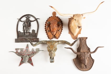 This lot consists of six Items, all steer head related to include: (1) Bronze Steer Head with 11"