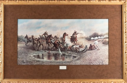 Framed Western Print by San Antonio, Texas Artist Donald M. Yena, titled "High Price of Water", in